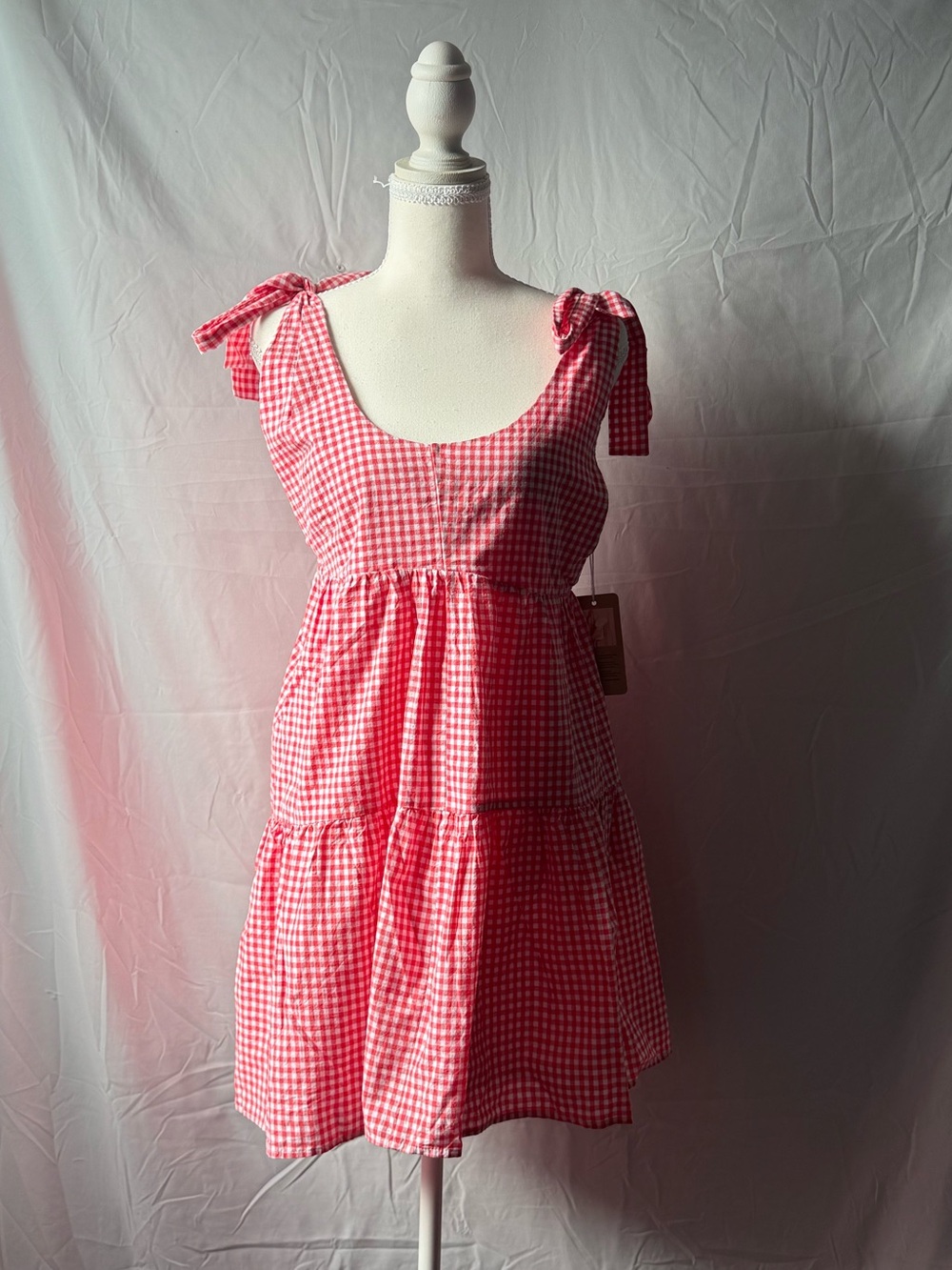 Utcoco Red Gingham Tie Strap Babydoll Mini Dress NWT Medium